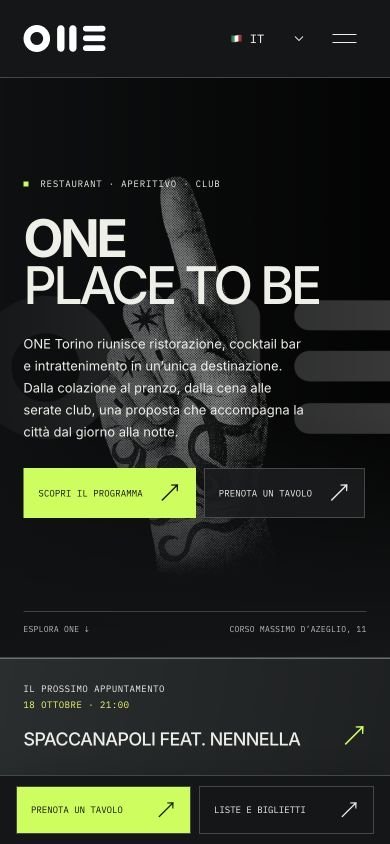 Screenshot of the ONE Torino homepage on a smartphone